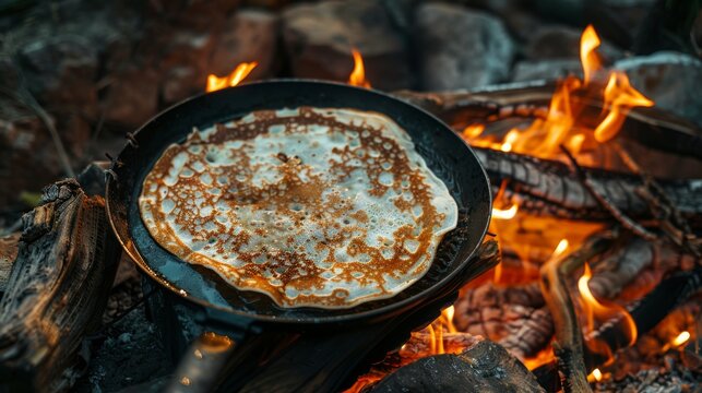 Cooking a pancake on a cast iron pan over an open campfire, capturing the essence of outdoor adventure. Flames envelop rustic breakfast preparation. A warm morning meal in the wilderness.