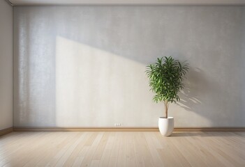 Light gray wall, wooden floor with a potted plant in bright colours 