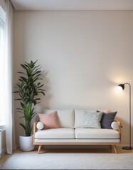 Home minimalistic decorated interior in bright colours 