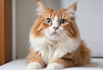 Cute fluffy red and white young cat in bright colours 