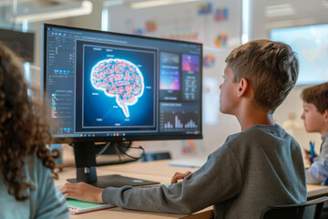 Fototapeta premium Boy in classroom looking at brain illustration on monitor