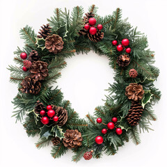Fototapeta na wymiar Exquisite Handcrafted Christmas Wreath Adorned with Pine Cones and Red Berries