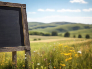 Black empty chalkboard framed in rustic wood, set amidst a blurred field of blooming summer flowers, creating a picturesque contrast between the simplicity of the board and the vibrant beauty