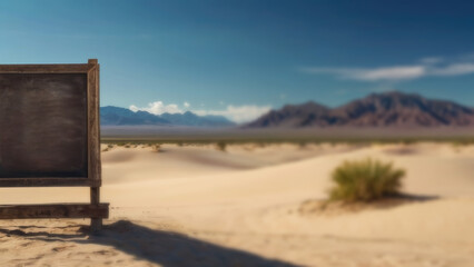 Dark empty chalkboard framed in weathered wood, juxtaposed against the vast expanse of a desert landscape with rolling sand dunes, offering a striking contrast between barren wilderness