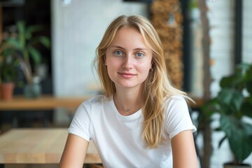 Confident Blonde Woman in a Casual White Tee. Generative AI.