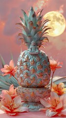 Vesak Day Serenity: Decorated Pineapple Skateboard amidst Lotus Flowers and Buddha Figures