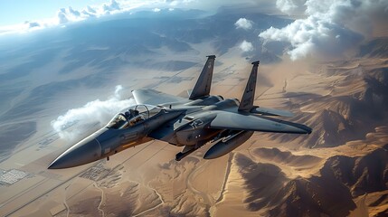 Majestic Fighter Jet Soaring Above the Desert Terrain. Concept Aerial Photography, Desert Landscapes, Military Aircraft, Majestic Views, Fighter Jet - obrazy, fototapety, plakaty