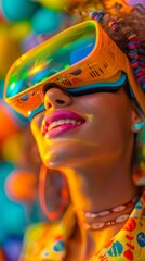 Vibrant Young Woman Enjoying Music Festival in Colorful Attire and Futuristic Glasses