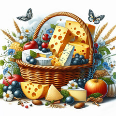 Basket with cheese, bread and vegetables. - 786629387