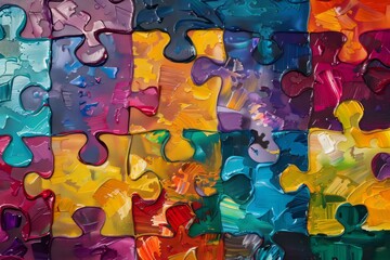 abstract painting of colorful puzzle pieces, each piece is in different colors and shapes, the background color blends together with vibrant colors. The painting is done in an ultra detailed