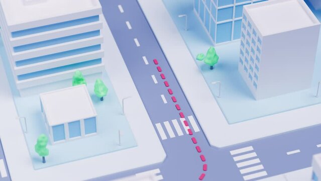 City or town animation. location pin or mark. Urban landscape, streets, buildings. taxi service, navigation or gps concept. Animated stock footage, 3D rendering. Map of downtown or business distric