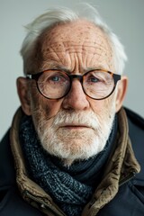 an old man wearing plump glasses is alone, isolated on grey background