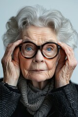 An old woman wearing plump glasses is alone, isolated on grey background