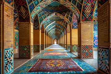 long hallway with arched ceilings and colorful tiles - obrazy, fototapety, plakaty