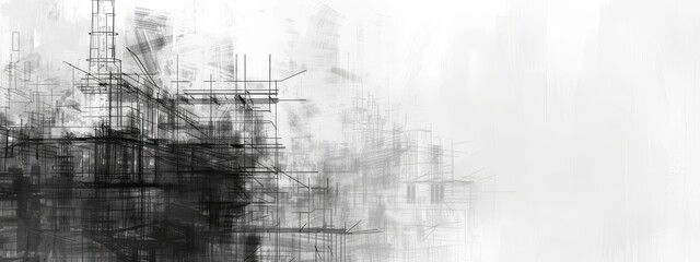 Abstract architectural sketch of a building in black and white. Concept for architectural design, planning, and conceptual development.