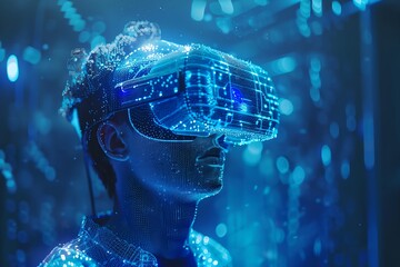 Fototapeta na wymiar Man wearing virtual reality headset, with holographic elements around