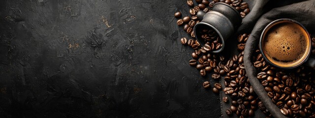 Mood-boosting Concept with Fragrant Coffee Beans and a Delicious Cup of Fresh Brew - obrazy, fototapety, plakaty