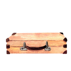 Composition of antique leather suitcases hand-painted in vintage style watercolor object isolated on a white background. Interior decor and wall art on retro themes, travel, libraries, books, museums