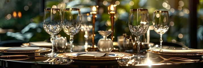 Fototapeta na wymiar Luxury table setting, fancy glassware in restaurant
