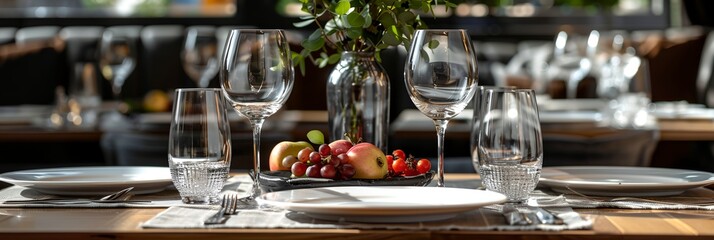 Fototapeta na wymiar Elegant luxury table setting with fancy glassware in restaurant