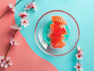Salmon sashimi and sakura flowers decor, art of food creation, food in molecular kitchen style
