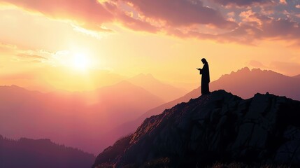 Silhouette of jesus preaching sermon on mountain top in biblical gospel teaching