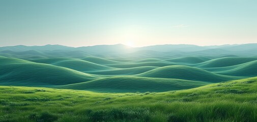 Tranquil Hills: Serene Green Landscape at Sunrise