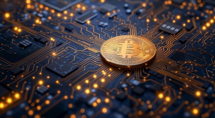 A bitcoin on a circuit board background