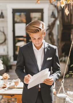 Young boy in suit reviewing speech for Christian Confirmation ceremony in sunlit garden setting