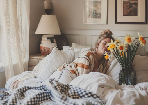 Woman enjoying peaceful spring morning sleep in a bedroom with fresh daffodils in a cozy, sunlit bedroom