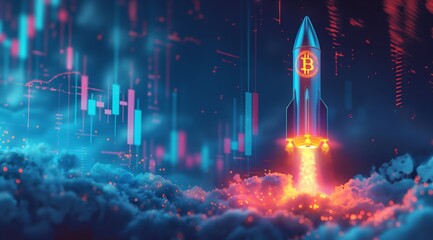 A rocket with bitcoin logo shoots up, earning concept
