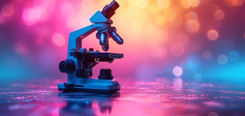 Futuristic Science: Microscope on a Glittering Neon Background