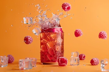 Raspberry soda with splashes and flying ice cubes
