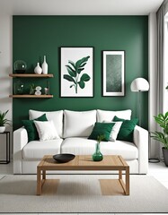 Dark green home interior with white sofa in bright colours 
