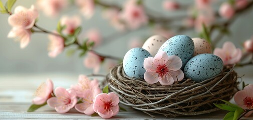 Serene Easter Nest with Speckled Eggs and Cherry Blossoms