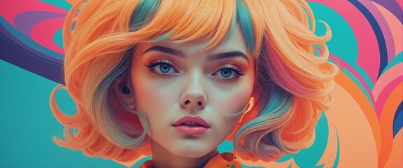 A girl  a background of surreal design in bright colours  - obrazy, fototapety, plakaty