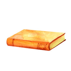 An ancient book with a worn cover hand-painted in vintage style watercolor object isolated on a white background. Interior decor and wall art on retro themes, travel, libraries, books, museums