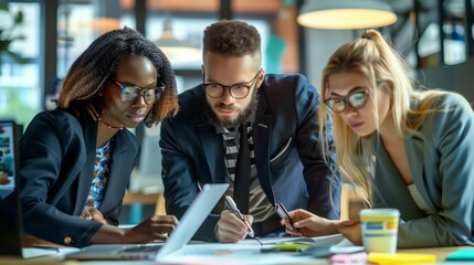 A group of specialists analyzes market trends and examines competitive advantages in a meeting to develop a growth strategy by teamwork