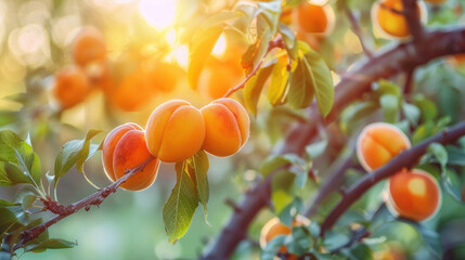 Apricots ripen on tree branches. They're ready to be picked and enjoyed.