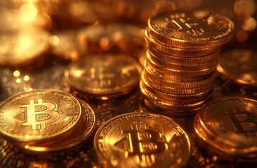 Closeup of many golden bitcoins