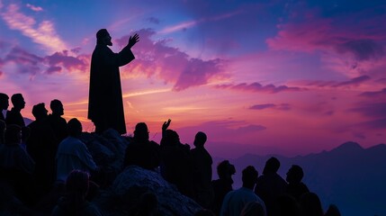 Silhouette of jesus preaching sermon on mountain top in ministry  biblical gospel teaching - obrazy, fototapety, plakaty