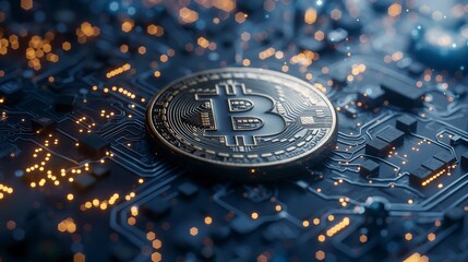 Closeup of a dark bitcoin on a digital background
