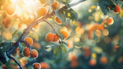 Apricots ripen on tree branches. They're ready to be picked and enjoyed.