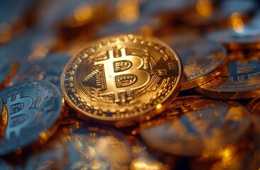 Closeup on many bitcoins