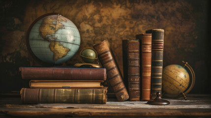Books arranged on a table, representing the fundamentals of education. - obrazy, fototapety, plakaty