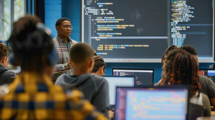 College teacher lectures on computer science to a diverse group of students. Slideshow of coding is displayed on the screen.