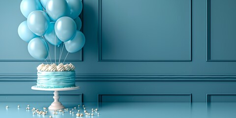 Blue room with a cake on a white plate and balloons in the air. The room has a festive and celebratory mood