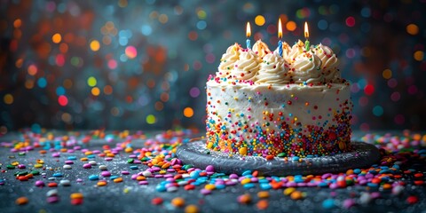 Birthday cake with candles on top and colorful sprinkles all over the table - obrazy, fototapety, plakaty
