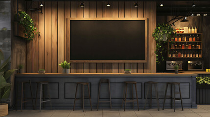 Elegant Restaurant Setting with Empty Menu Chalkboard and Chic Bar Ambience