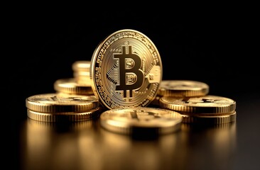 Golden bitcoins isolated on a dark background